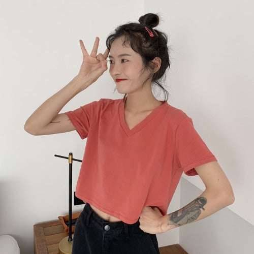 Damen T-Shirt Kurzarm V-Ausschnitt Lässig