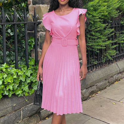 Damen Plissee-Kleid mit Faltenrock und Gürtel Eveloria - Eveloria