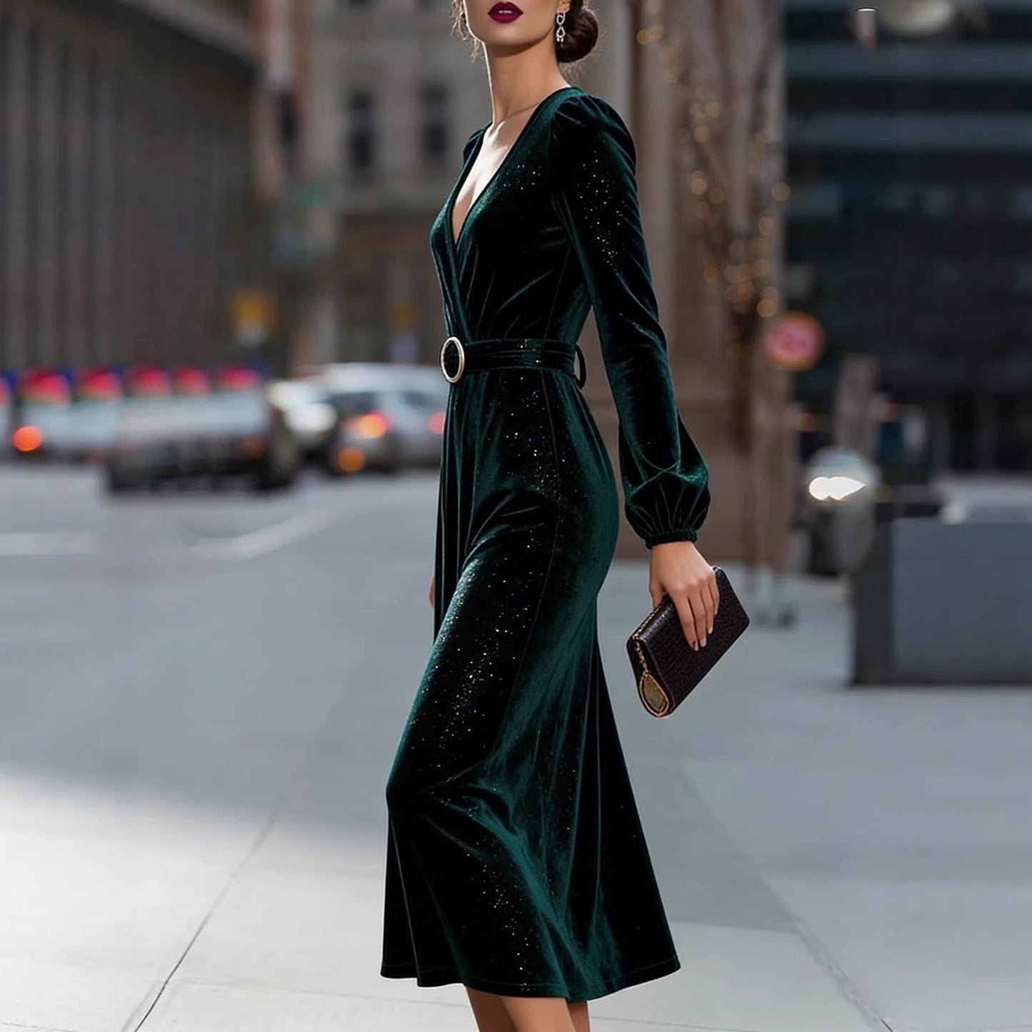 Damen Midikleid Samt Optik Funkelnde Akzente Elegante Taillierung