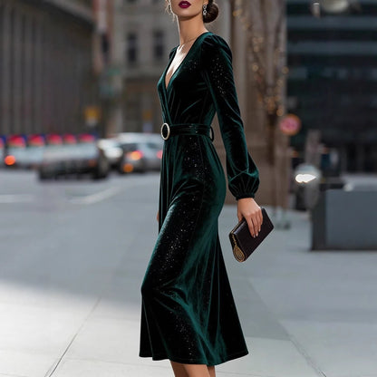 Damen Midikleid Samt Optik Funkelnde Akzente Elegante Taillierung
