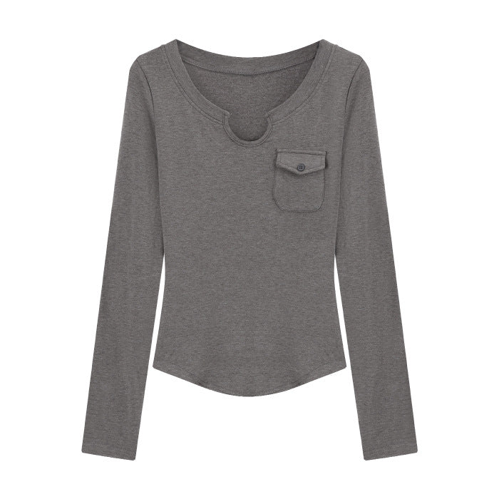 Damen Langarmshirt Slim-Fit Rundhals Brusttasche
