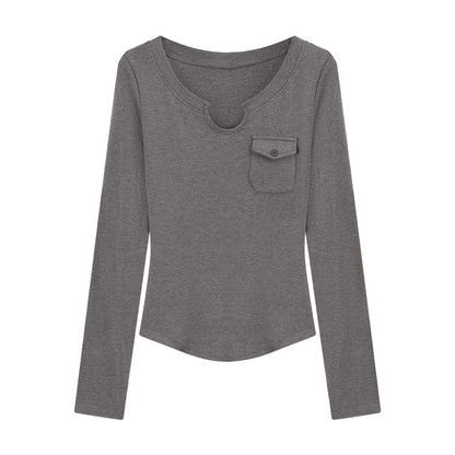 Damen Langarmshirt Slim-Fit Rundhals Brusttasche