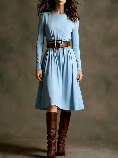 Damen Elegantes Kleid Langarm Taillengürtel Eveloria
