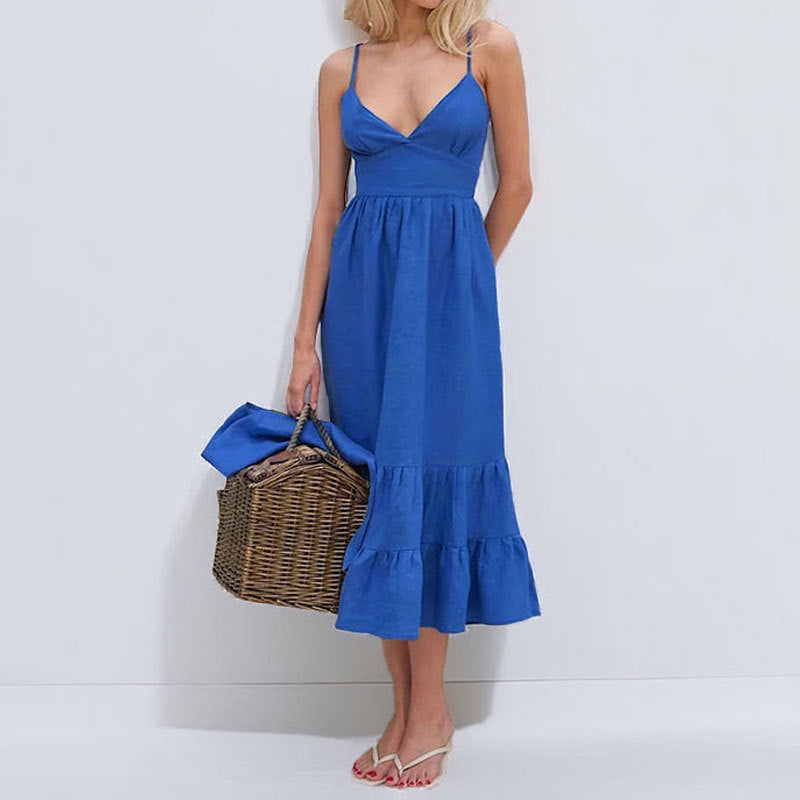Damen Maxikleid V-Ausschnitt Voluminöser Rock Eveloria