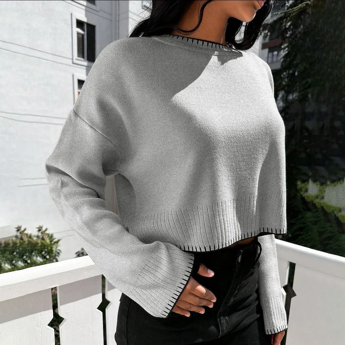 Damen Kurzpullover Strukturiert Lässig Eveloria - Eveloria
