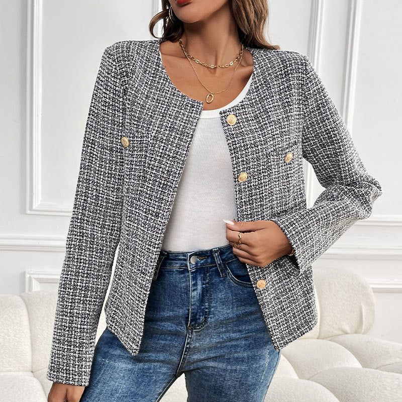 Damen Bouclé-Jacke Elegant Goldknöpfe Beige