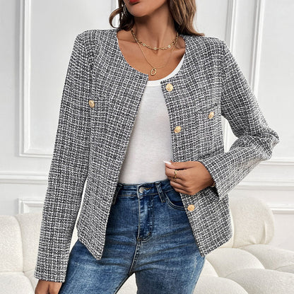 Damen Bouclé-Jacke Elegant Goldknöpfe Beige