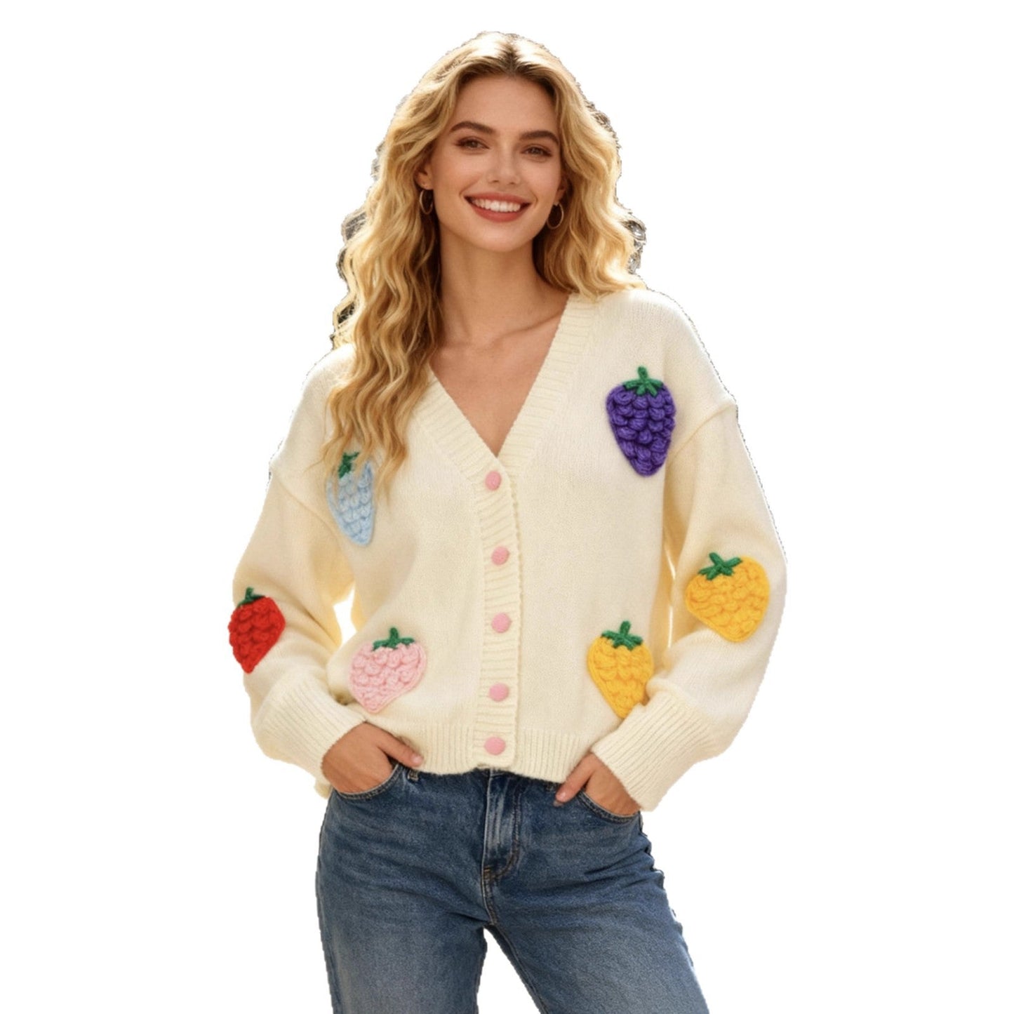 Damen Strickjacke Bunt Fruchtmotiv Eveloria