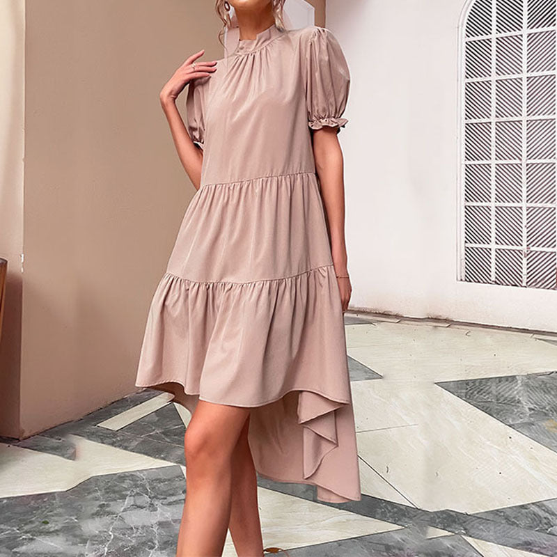 Damen Sommerkleid Puffärmel Asymmetrisch Rosa - Eveloria