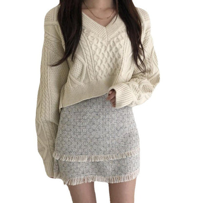Damen Strickjacke Lang Taillengürtel Zopfmuster Beige