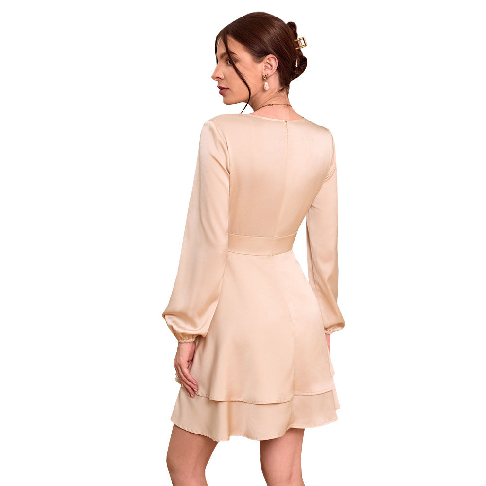 Damen Wickelkleid Satin Langarm Elegant Eveloria