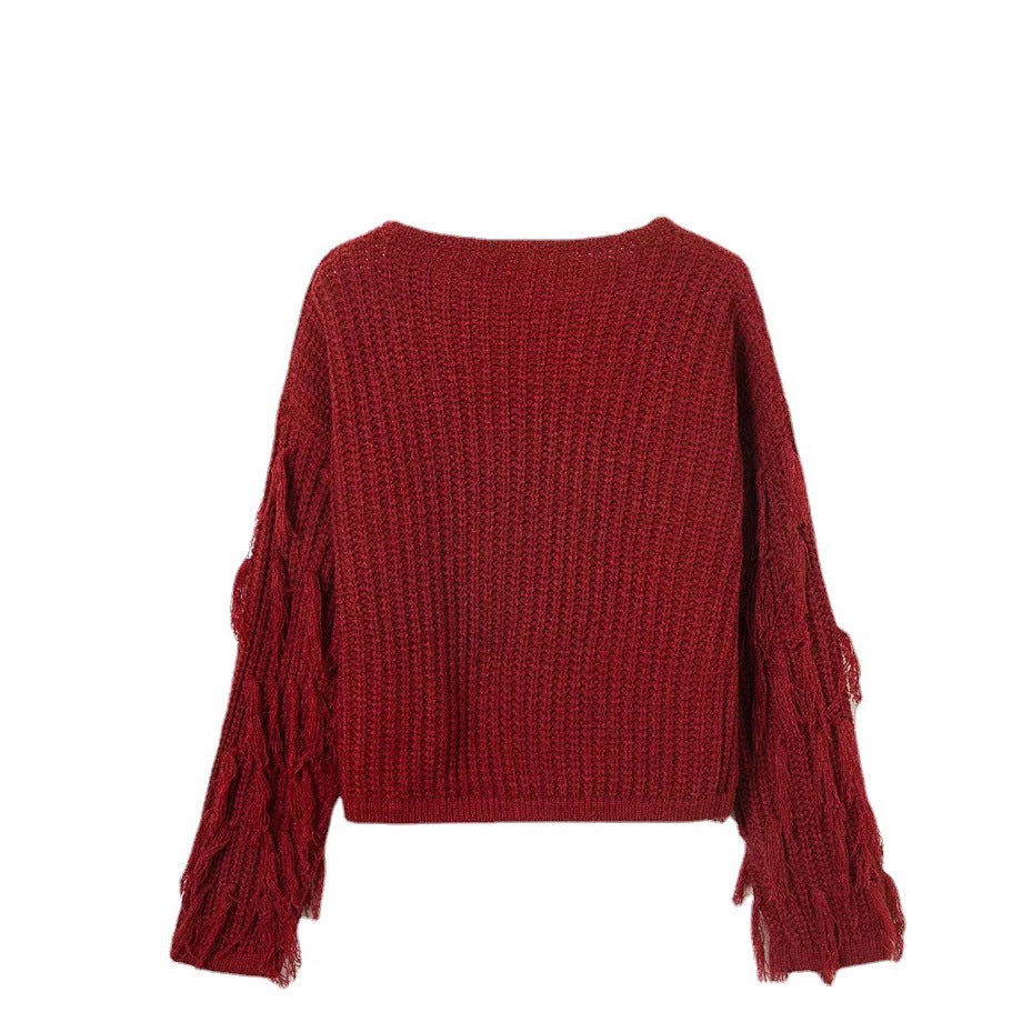 Damen Strickpullover mit Fransen Ärmeln Komfortschnitt