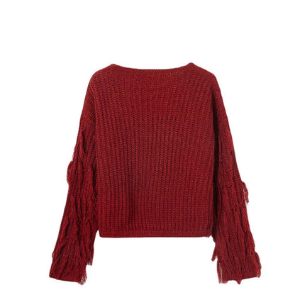 Damen Strickpullover mit Fransen Ärmeln und Struktur Oberfläche