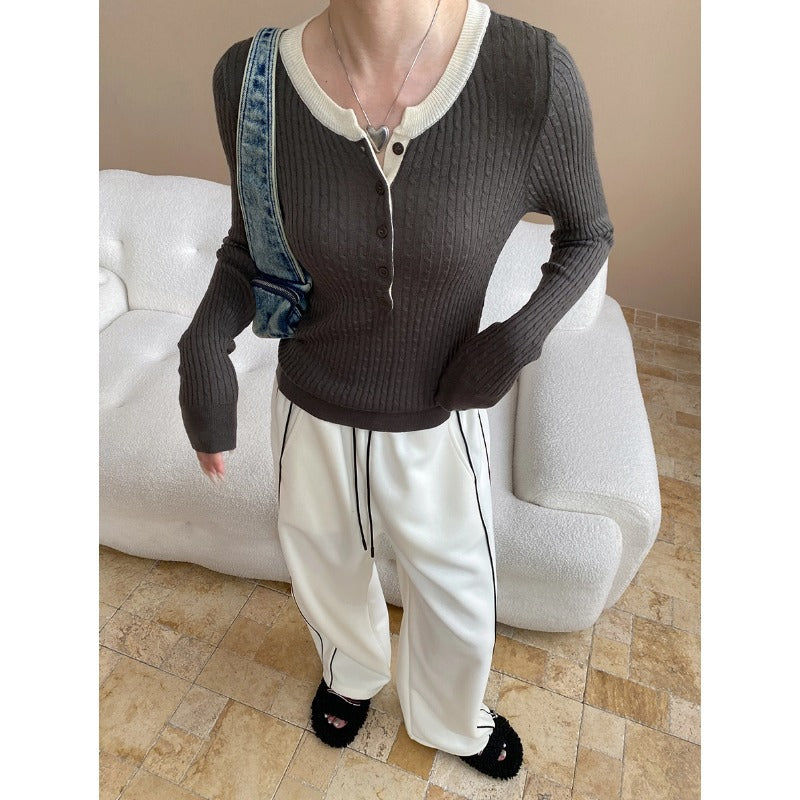 Damen Henley-Pullover Rippstruktur Lässig Eveloria