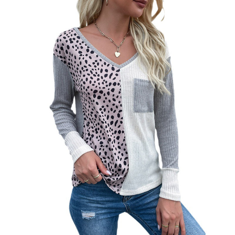 Damen Langarmshirt Gemustert V-Ausschnitt Taschen Eveloria