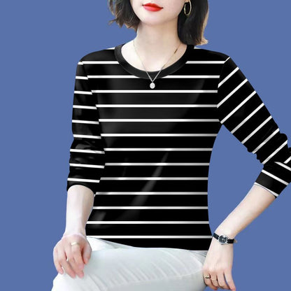Damen Langarmshirt Gestreift Baumwolle -Weiß