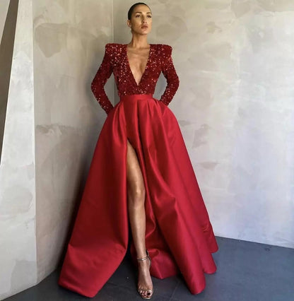 Damen Abendkleid V-Ausschnitt Hochgeschnitten Eveloria