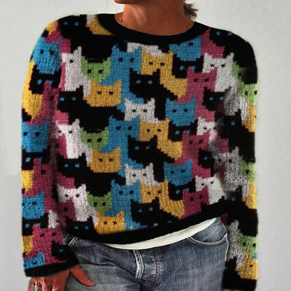 Damen Strickpullover Katzenmuster Eveloria