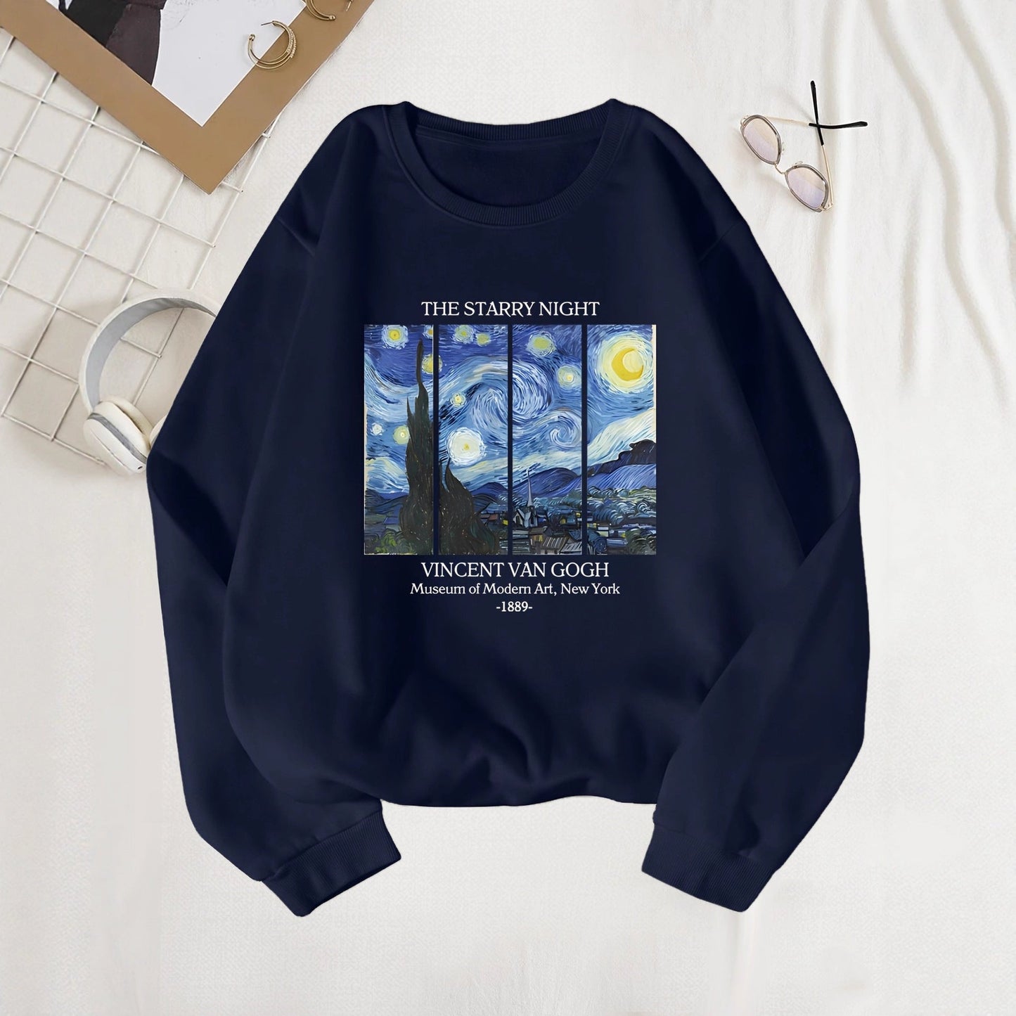 Damen Sweatshirt Van Gogh Motiv Baumwolle Schwarz - Eveloria