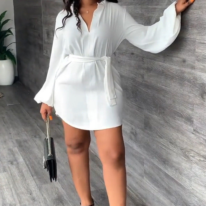 Damen Hemdblusenkleid mit Taillengürtel und Ballonärmeln