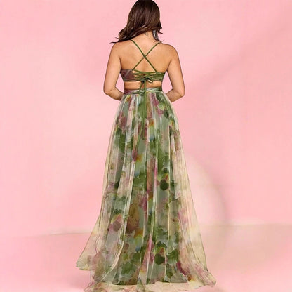Damen Maxikleid Luftig Blumenmuster Seitenausschnitt Farbenfroh