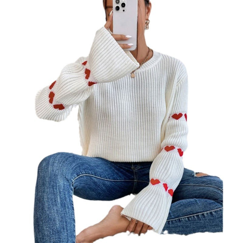 Damen Strickpullover Weite Ärmel Herz Applikation