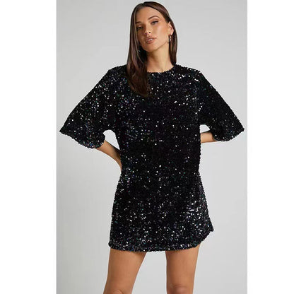 Damen Minikleid Pailletten Weite Ärmel Eveloria