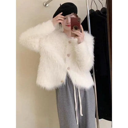 Damen Kurzjacke Flauschig Elegant Knöpfe Eveloria