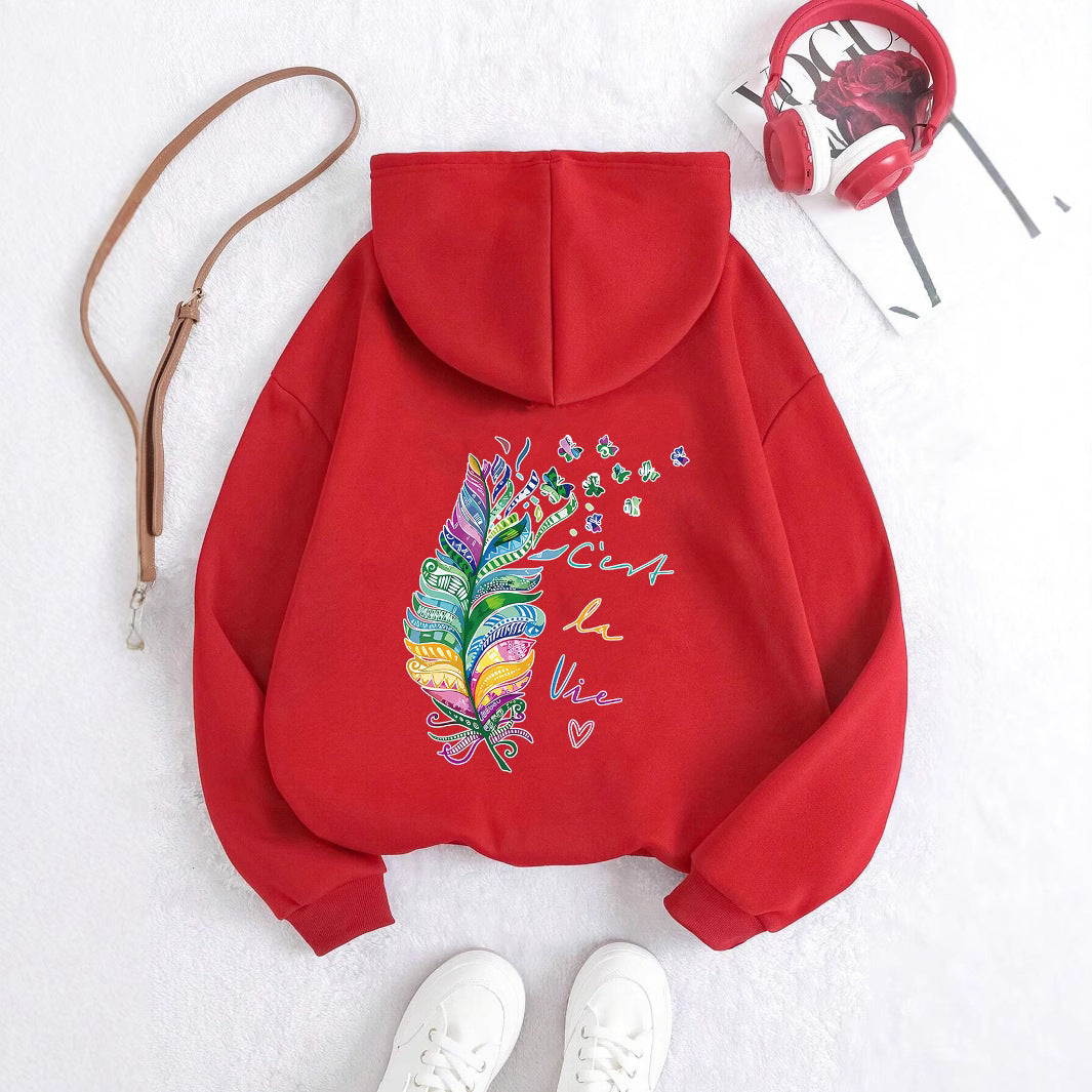 Damen Kapuzenpullover Bunt Federdesign