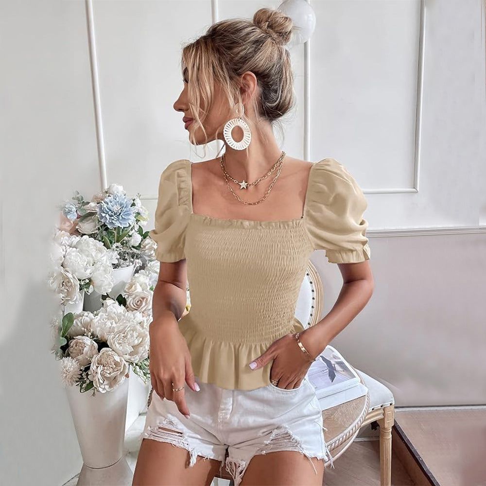 Damen Blusenshirt Puffärmel Elastischer Saum Eveloria