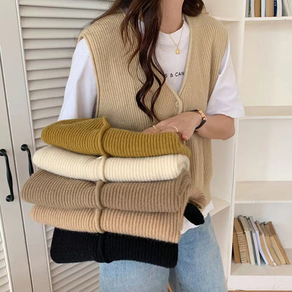 Damen Strickweste Feine Rippenstruktur Klassische Knöpfe Beige