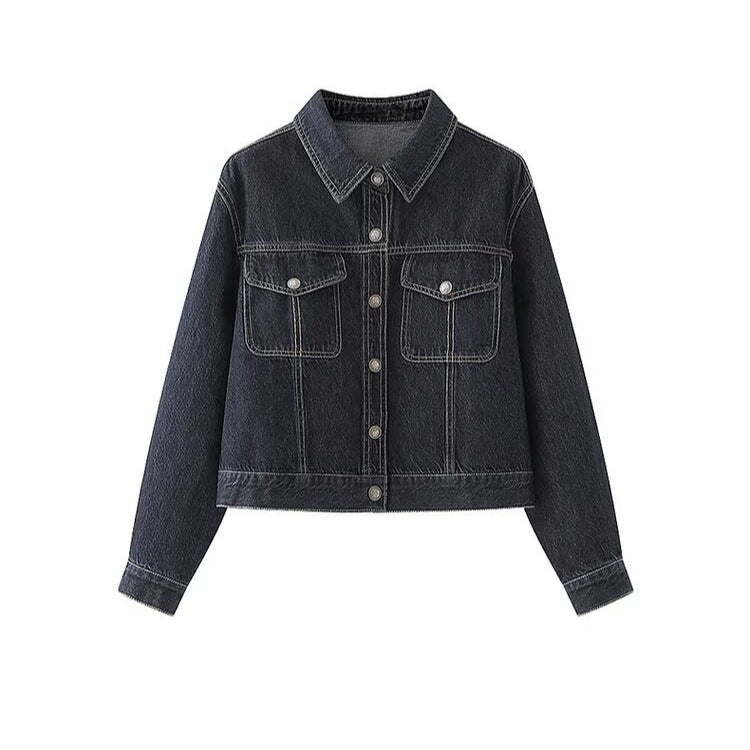 Damen Jeansjacke Klassischer Kragen 2 Brusttaschen Blau Eveloria - Eveloria