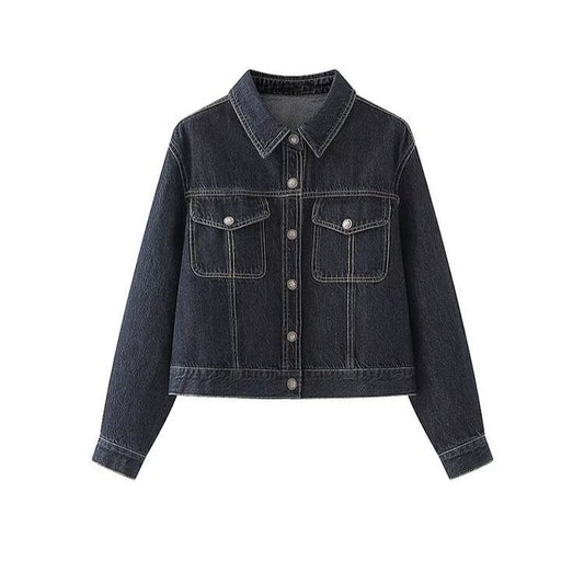 Damen Jeansjacke Klassischer Kragen 2 Brusttaschen Blau Eveloria - Eveloria