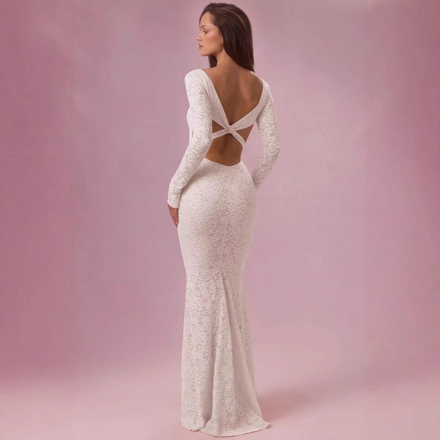 Damen Maxikleid Spitze Tailliert Langarm Eveloria