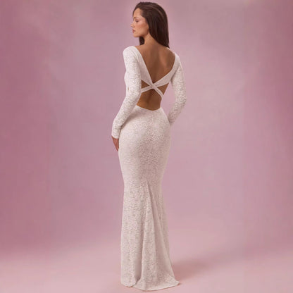 Damen Maxikleid Spitze Tailliert Langarm Eveloria