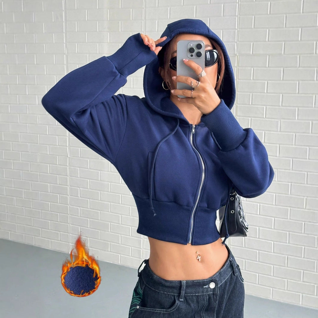 Damen Cropped Kapuzenpullover Reißverschluss Breite Ärmel Anthrazit - Eveloria