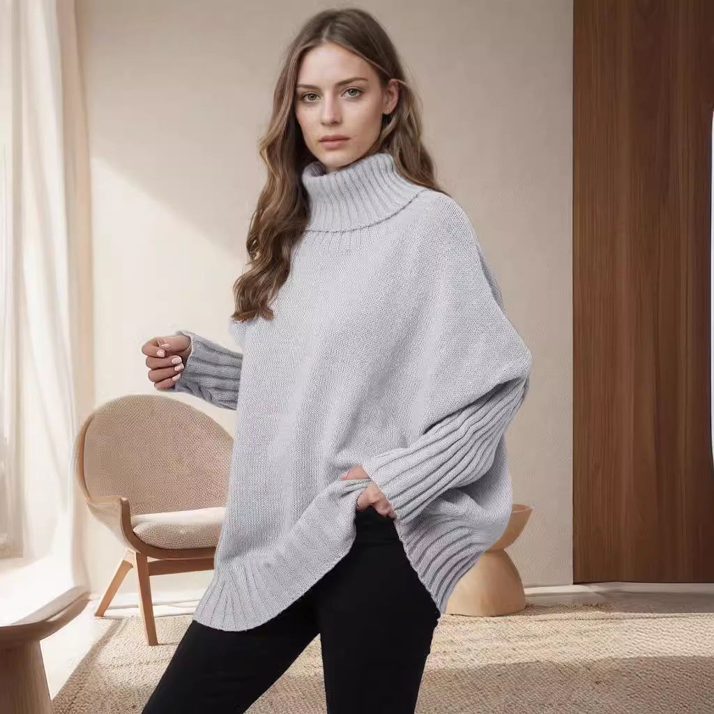 Damen Oversized Strickpullover Hochkragen Voluminöse Ärmel