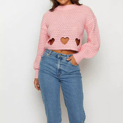 Damen Strickpullover Herz-Ausschnitte Crop-Design