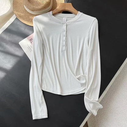 Damen Langarmshirt Baumwollmix Weich Knöpfe Eveloria