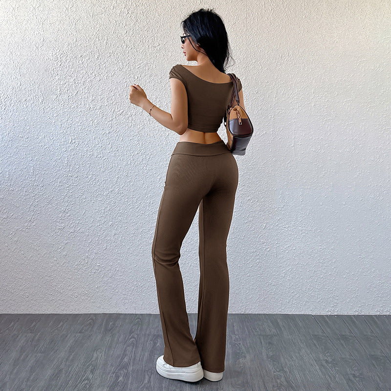 Damen Sportliches Zweiteiler-Set Off-Shoulder-Oberteil Schlaghosen