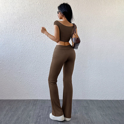 Damen Sportliches Zweiteiler-Set Off-Shoulder-Oberteil Schlaghosen