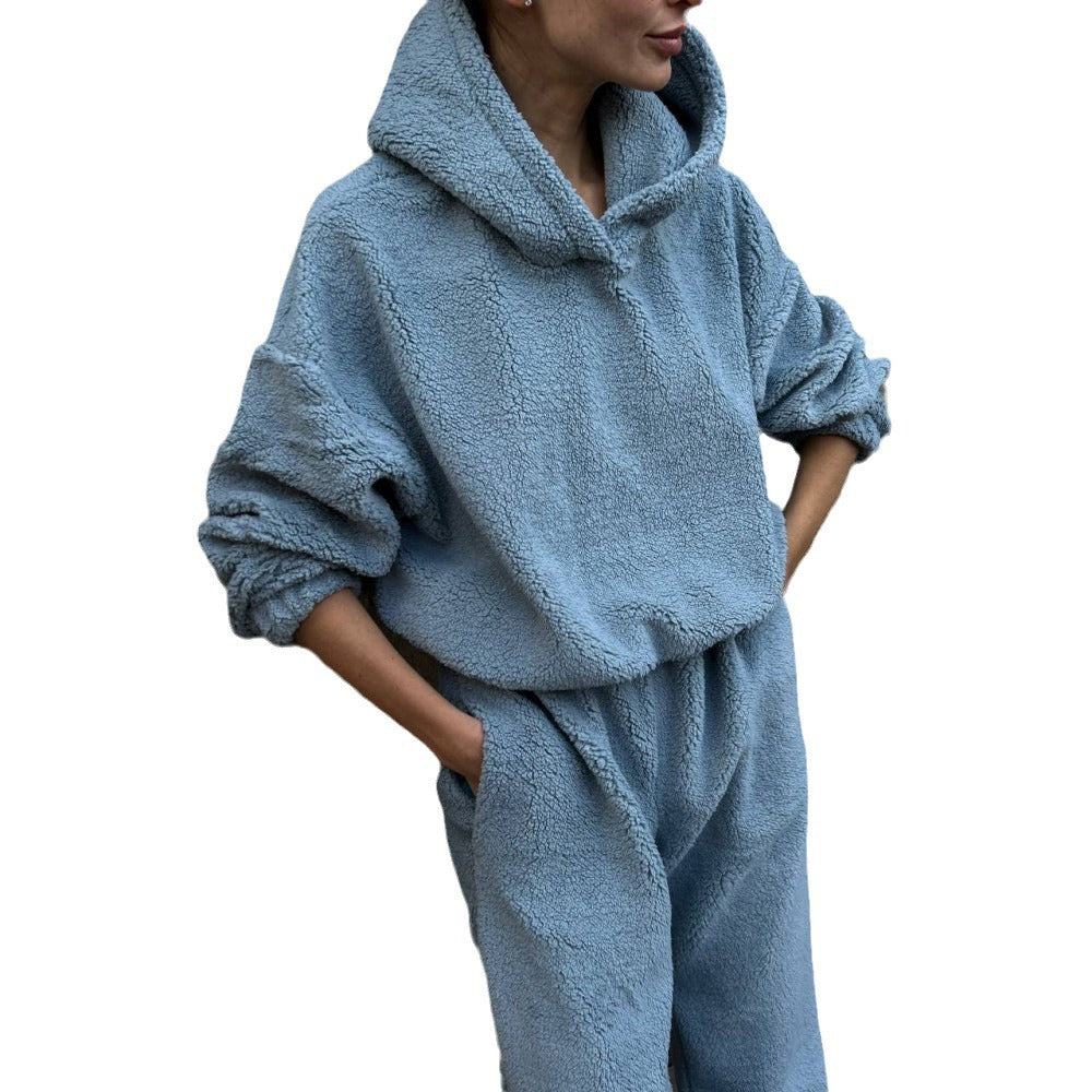 Damen Fleece-Loungewear-Set Elastischer Bund Hoher Kragen Grau