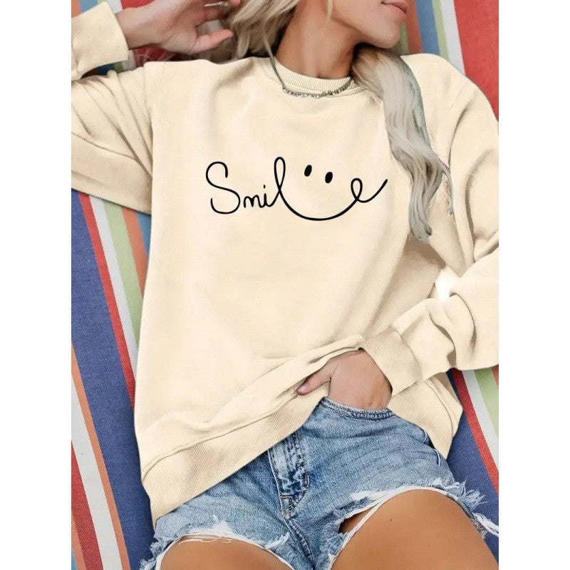 Damen Sweatshirt Lässiger Schriftzug Baumwolle Beige