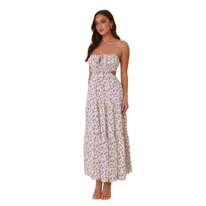 Damen Maxi-Kleid Raffung Spitze Beige