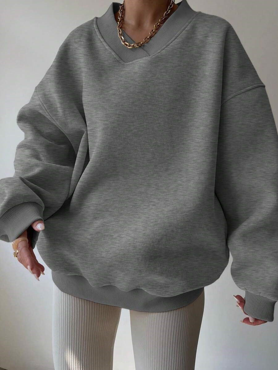 Damen Oversized Sweatshirt V-Ausschnitt Breite Ärmel Grau Eveloria