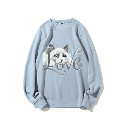 Damen Sweatshirt Katzenmotiv Lässig Grau Eveloria