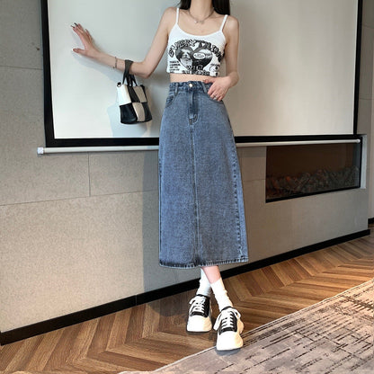 Damen Denimrock Midi mit Vorderschlitz Blau Eveloria