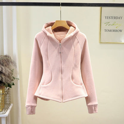 Damen Fleecejacke mit Reißverschluss und Kapuze Beige