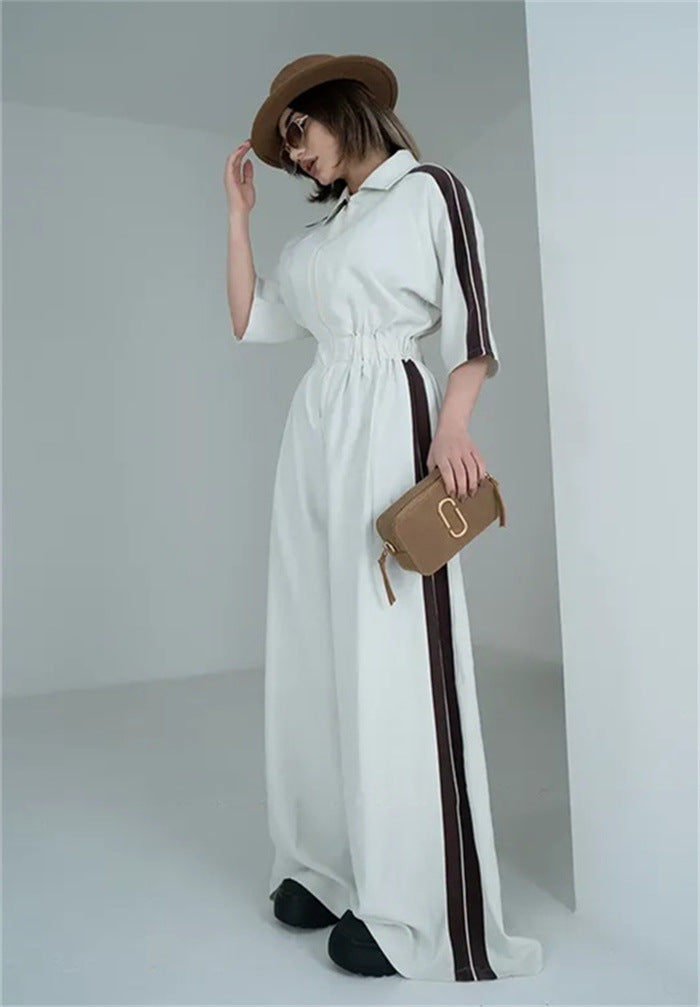 Damen Jumpsuit Lang Taillenbund Kontraststreifen