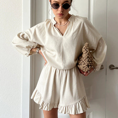 Damen Blusen-Shorts-Set mit Rüschendetails Weites Damen-Set